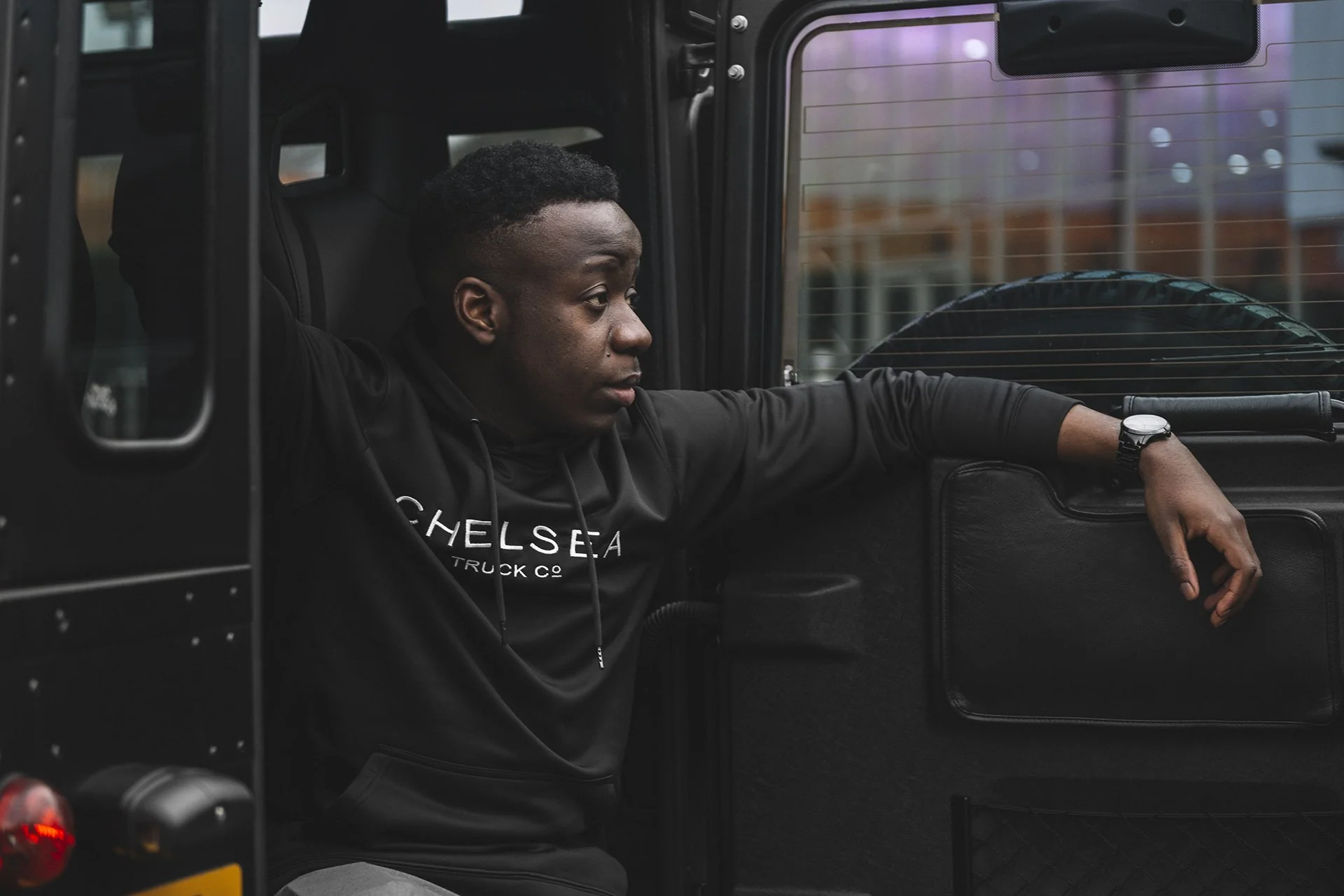 Men's Black with White Embroidery Chelsea Truck Co Hoodie - Image 3