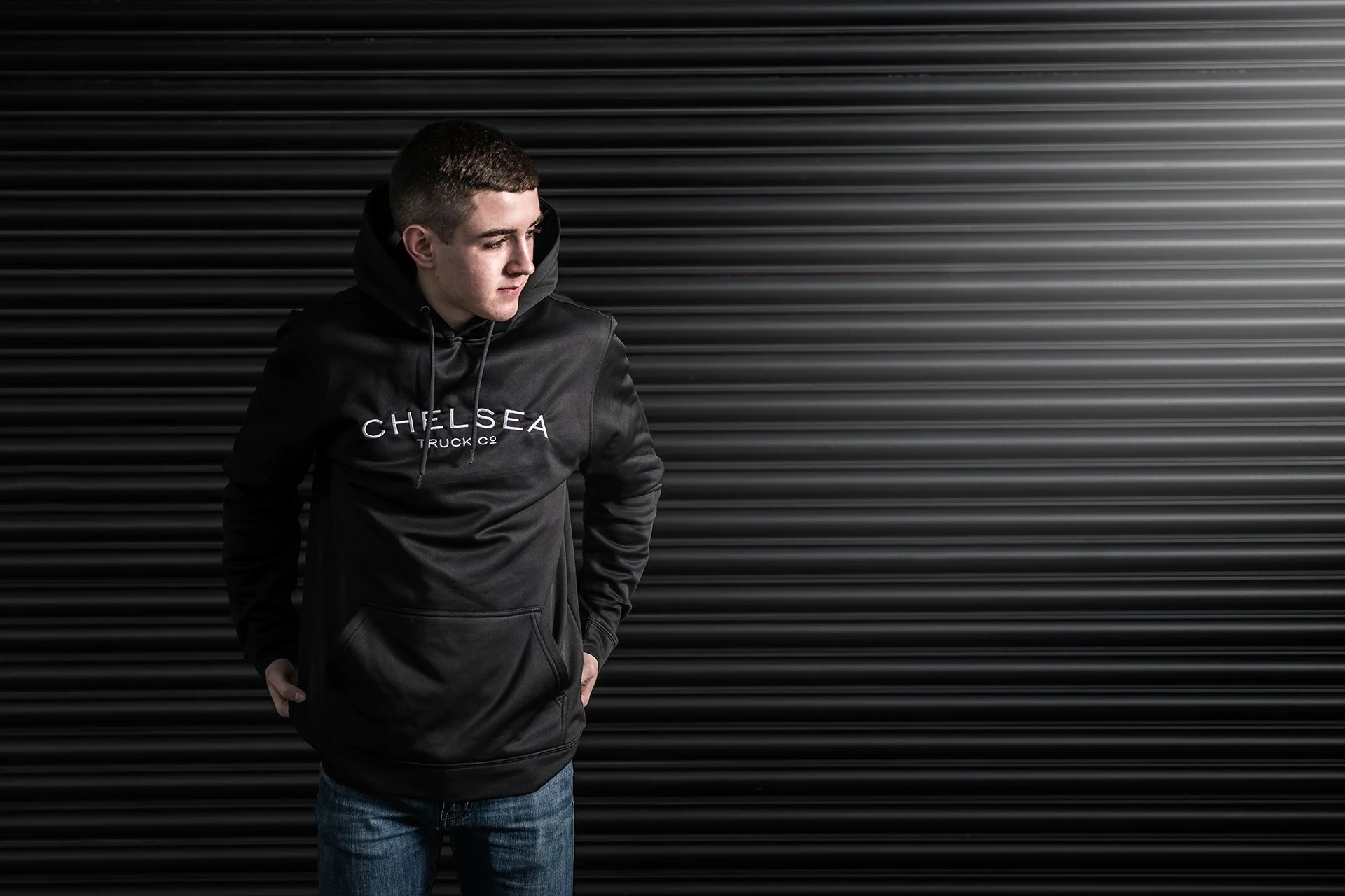 Men's Black with White Embroidery Chelsea Truck Co Hoodie - Image 4