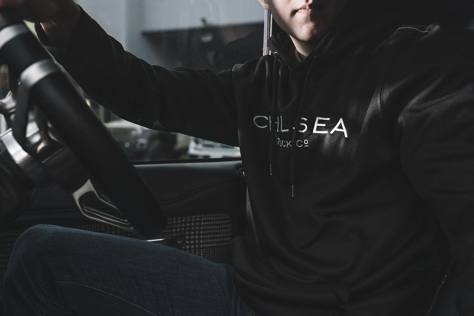Men's Black with White Embroidery Chelsea Truck Co Hoodie - Image 5