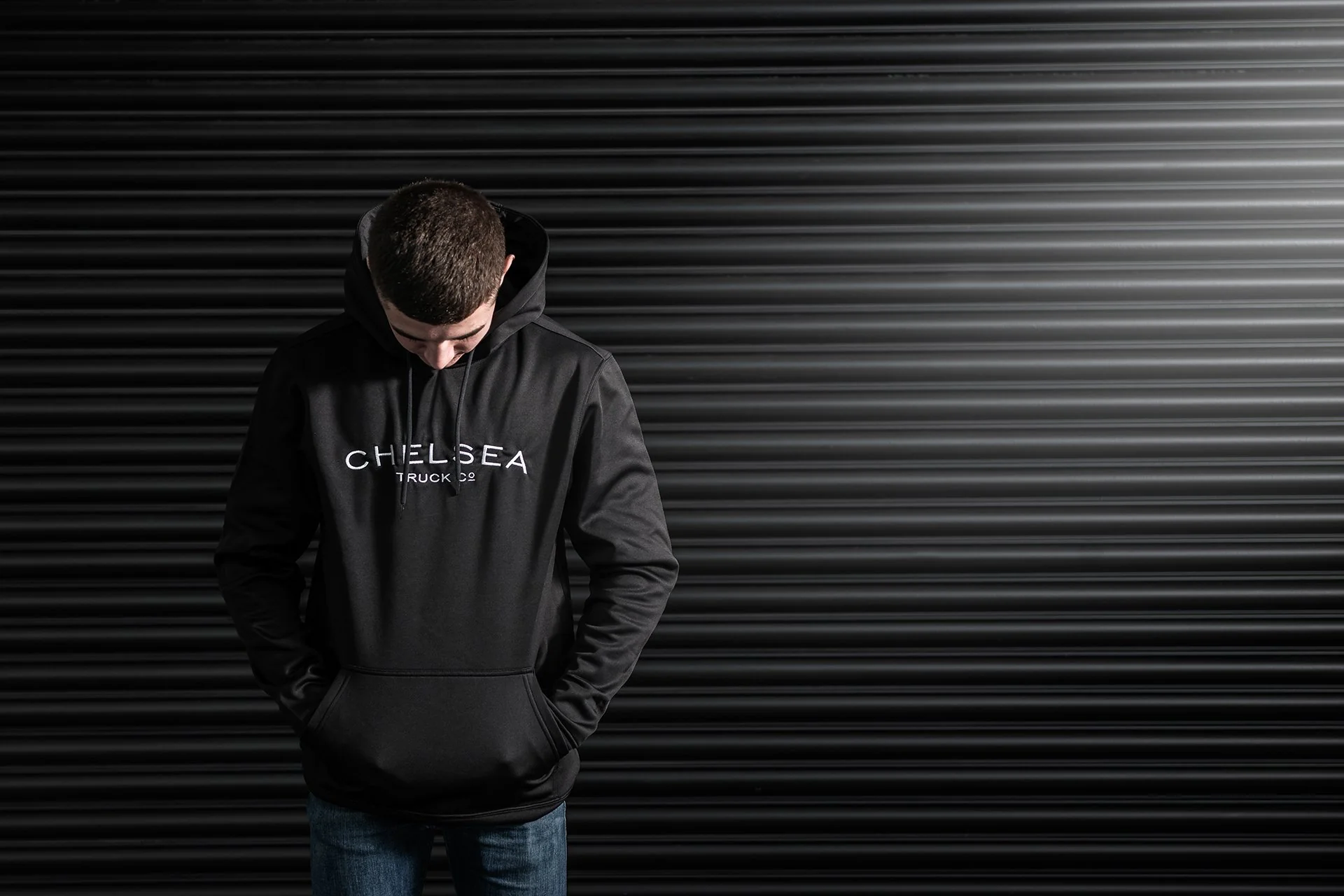 Men's Black with White Embroidery Chelsea Truck Co Hoodie - Image 6