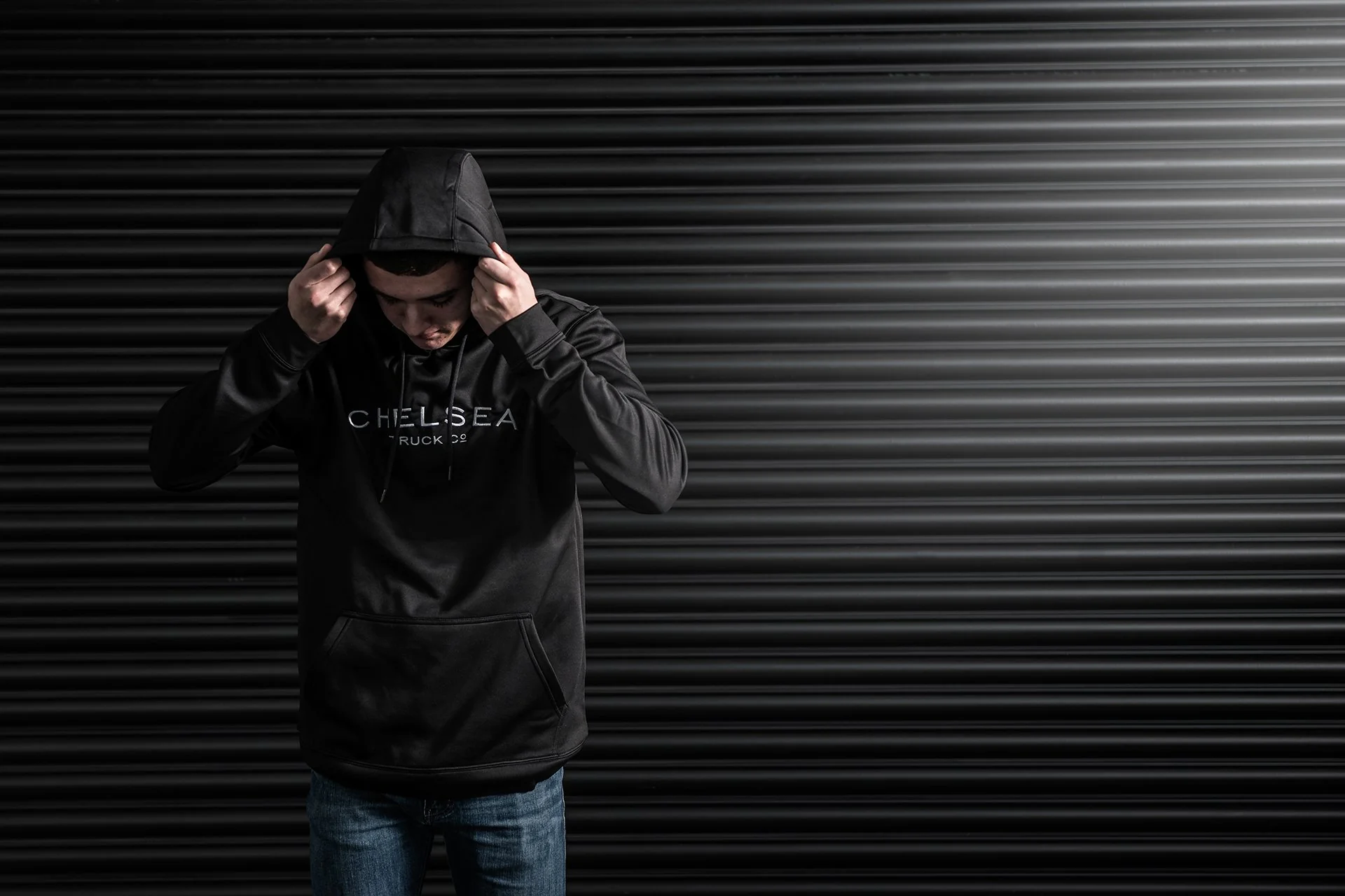 Men's Black with White Embroidery Chelsea Truck Co Hoodie - Image 7