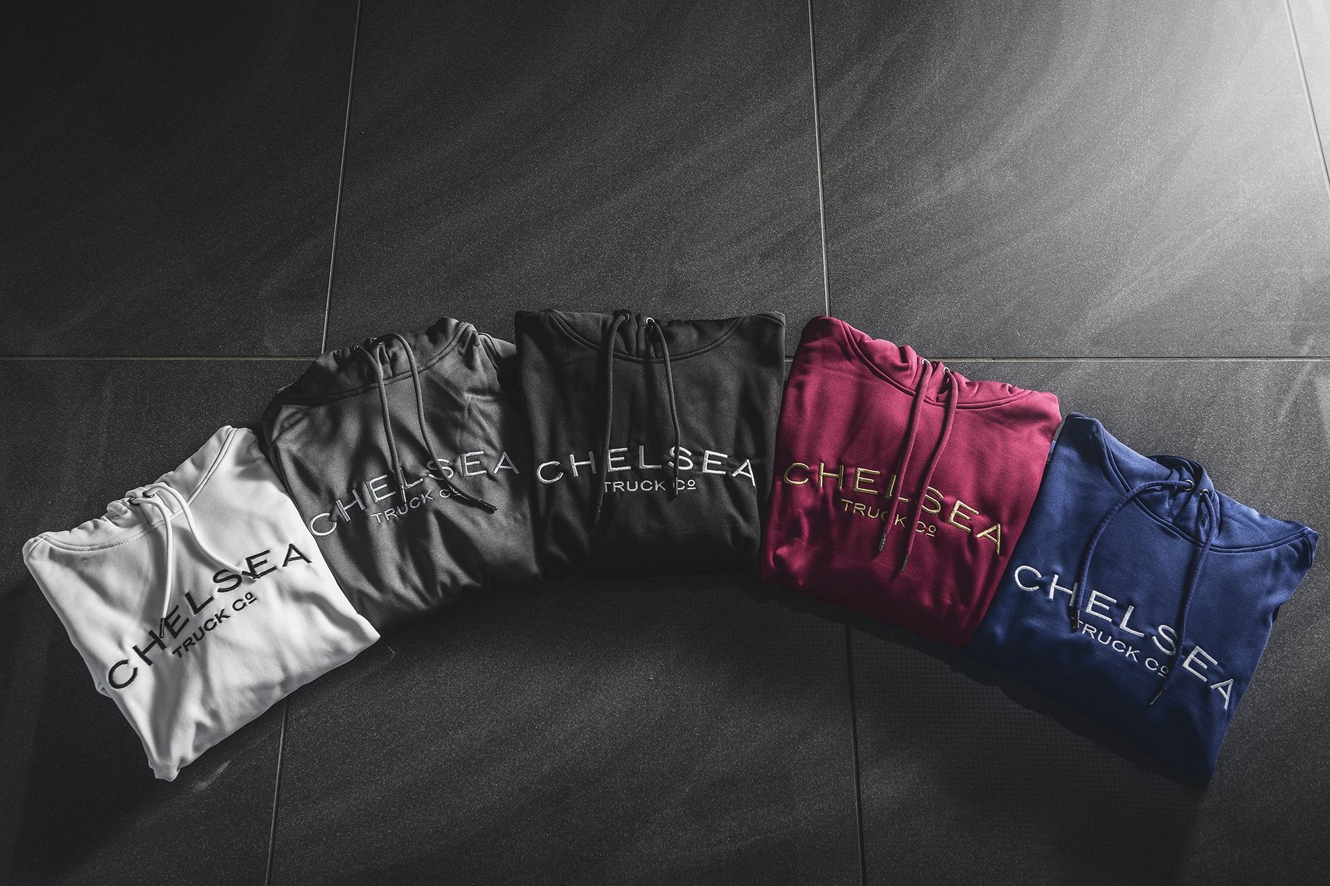 Navy Blue with White Embroidery Chelsea Truck Co Hoodie - Image 11