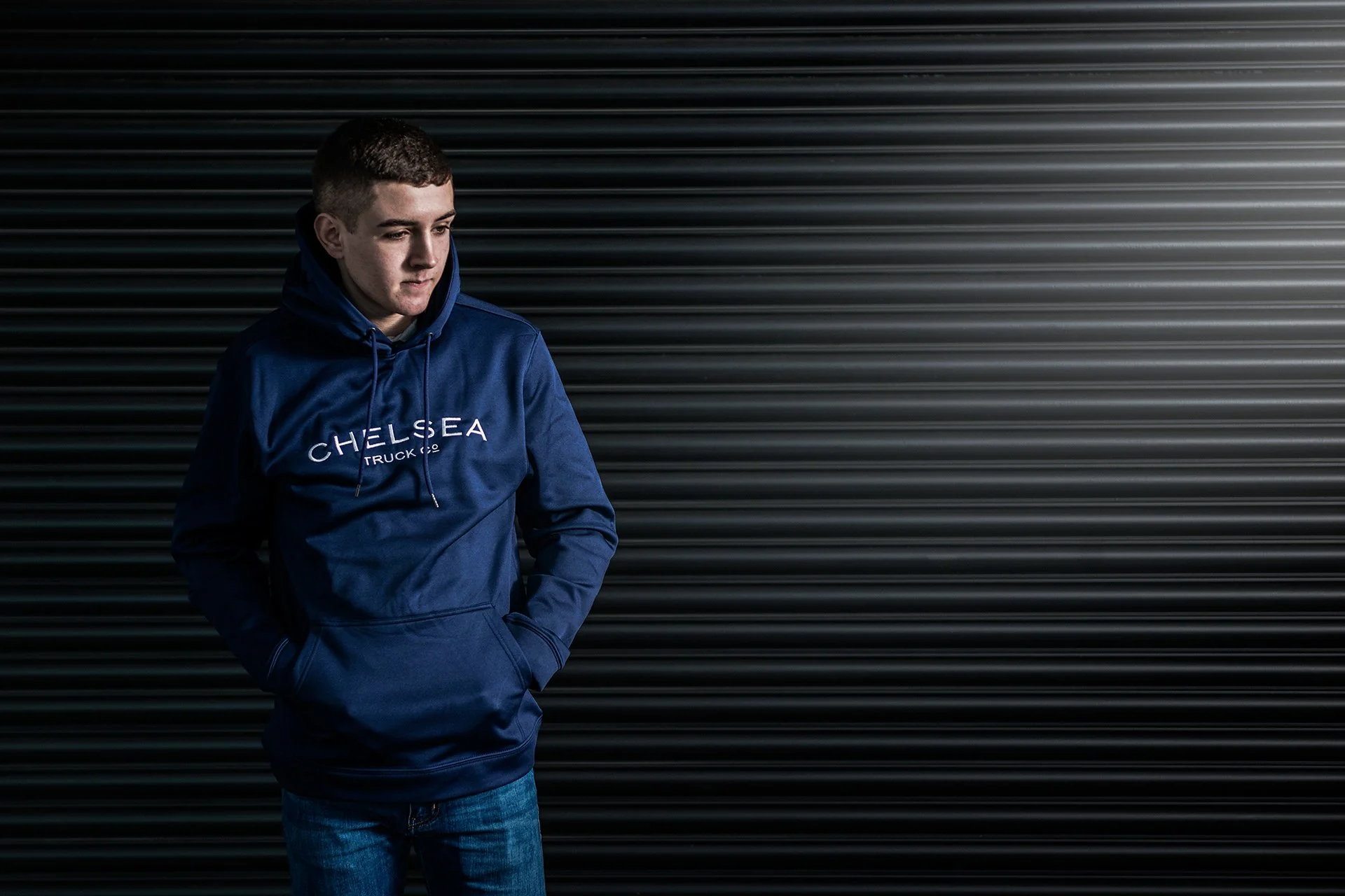 Navy Blue with White Embroidery Chelsea Truck Co Hoodie - Image 5