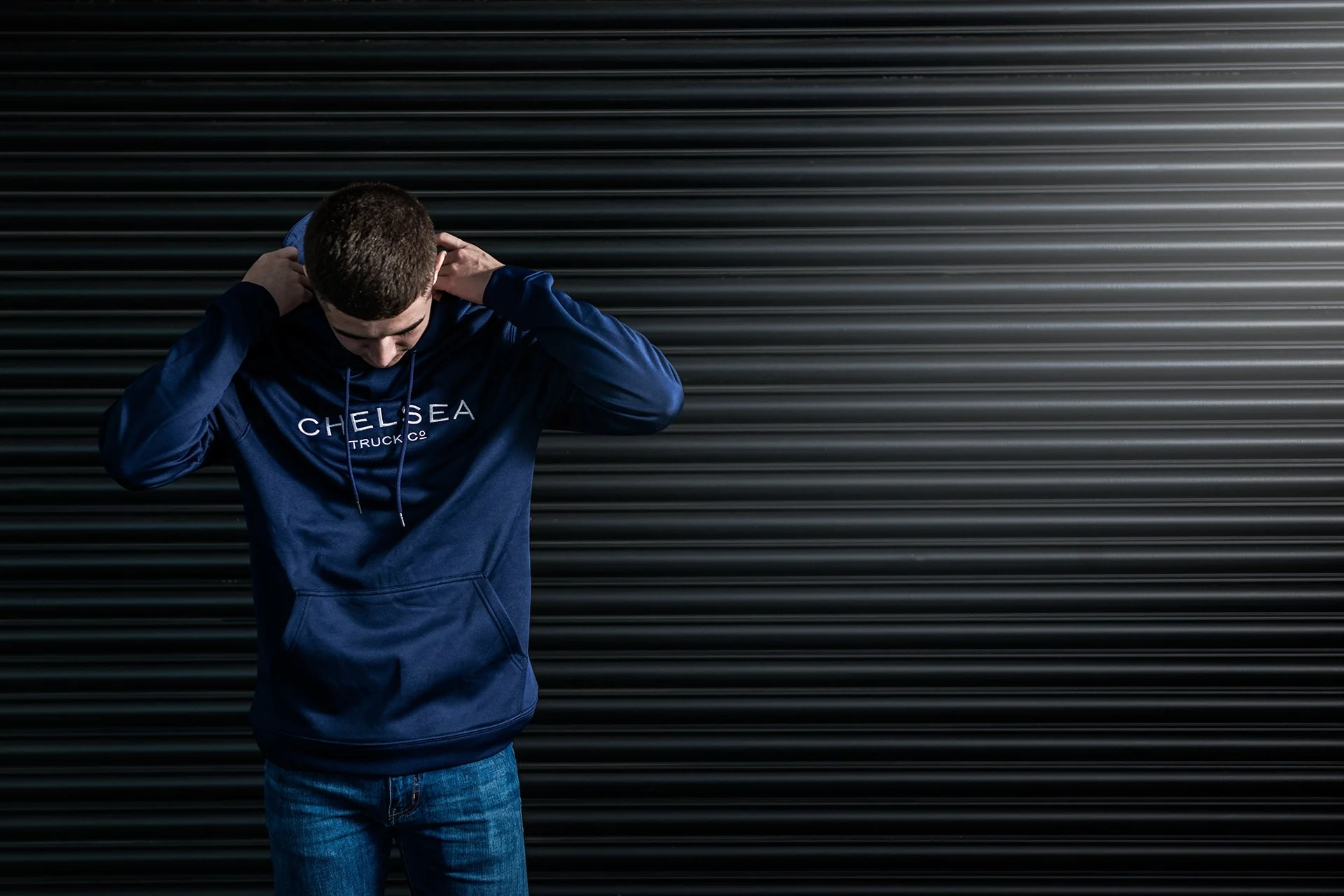 Navy Blue with White Embroidery Chelsea Truck Co Hoodie - Image 7