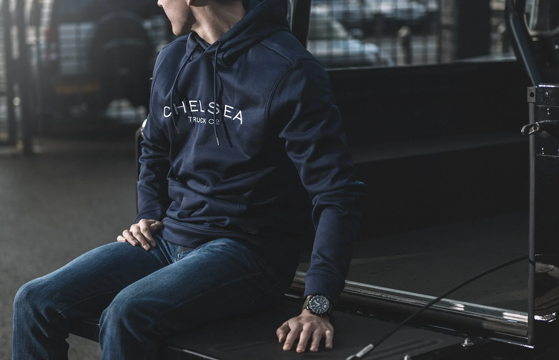 Navy Blue with White Embroidery Chelsea Truck Co Hoodie - Image 8